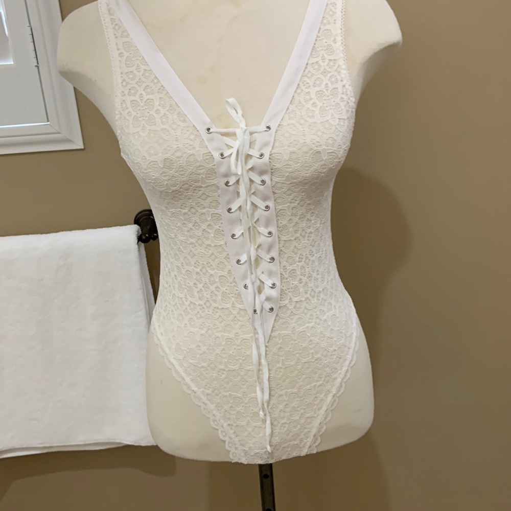 Victorias Secret Small White Lace Up Bodysuit